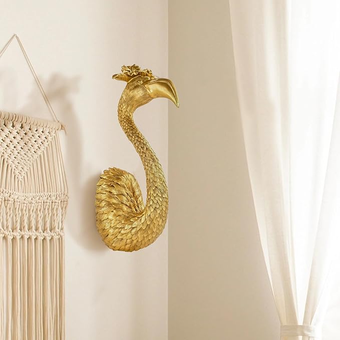 GUSFREUD Gold Animal Heads Sculptures Wall Art - 13" Resin Faux Flamingo for Home Wall Decor, Bird Wall Hanging Decoration for Living Room, Bedroom & Kitchen, Unique Gift Idea