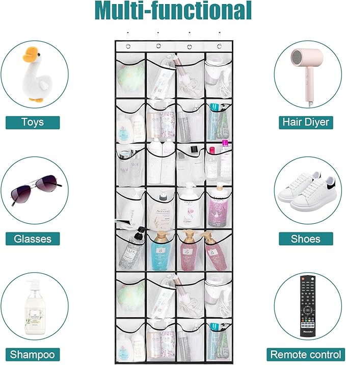 28Large Pockets Over The Door Shoe Organizer, Hanging Shoe Organizer for Closet, Premium Clear Shoe Rack for Door, Shoes Hanger Organizers Storage Holder for Back of Door and 4Metal Hook White