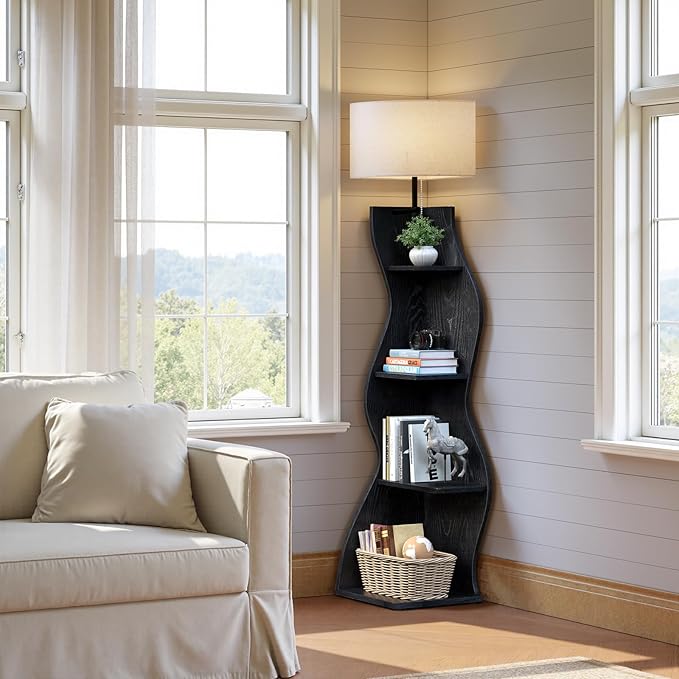 Evermagin 4 Tier Corner Shelf with Light, 64'' Tall Corner Bookshelf with Unique Shape, Stylish Wavy Bookcase Tower with Storage Organizer for Small Space, Living Room, Bedroom (Black)