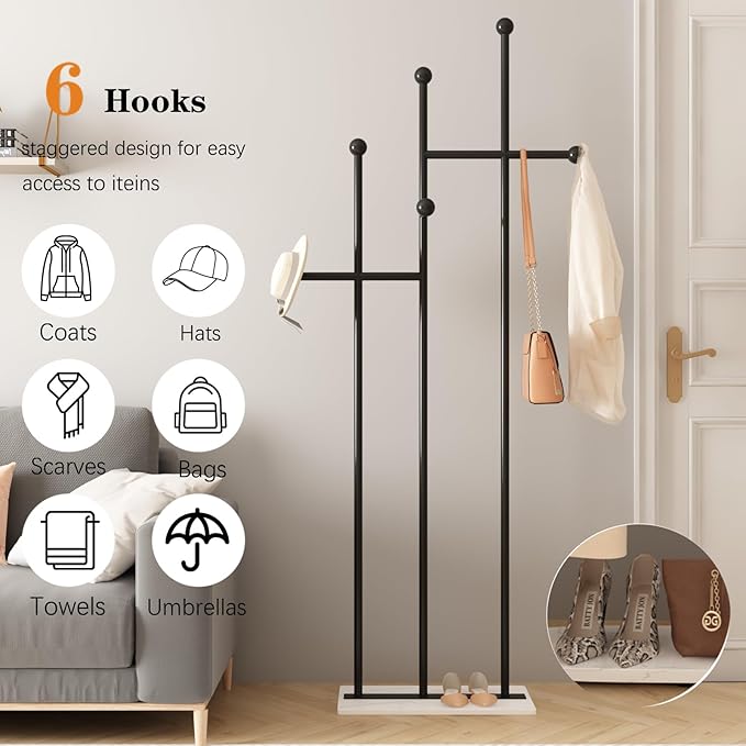Modern Coat Racks with Marble Base Heavy Duty Clothes Rack Metal Coat Tree for Clothes Hats Scarfs Totes-19.7''L, BLACK