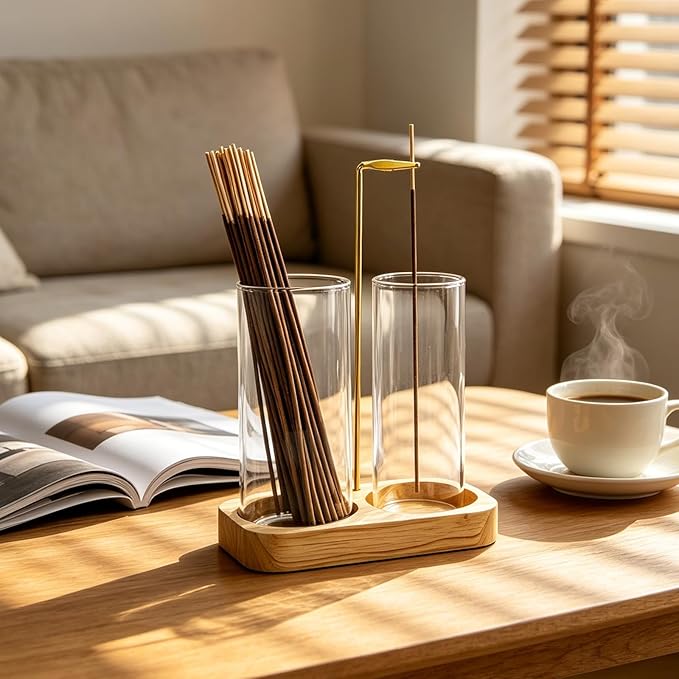 Incense Holder, 2 in 1 Wooden Incense Holder for Sticks with 20 Incense Sticks, Anti-ash Incense Burner with Glass Ash Catcher, Wood Incense Holder 20 Stick (2 in 1 Square)