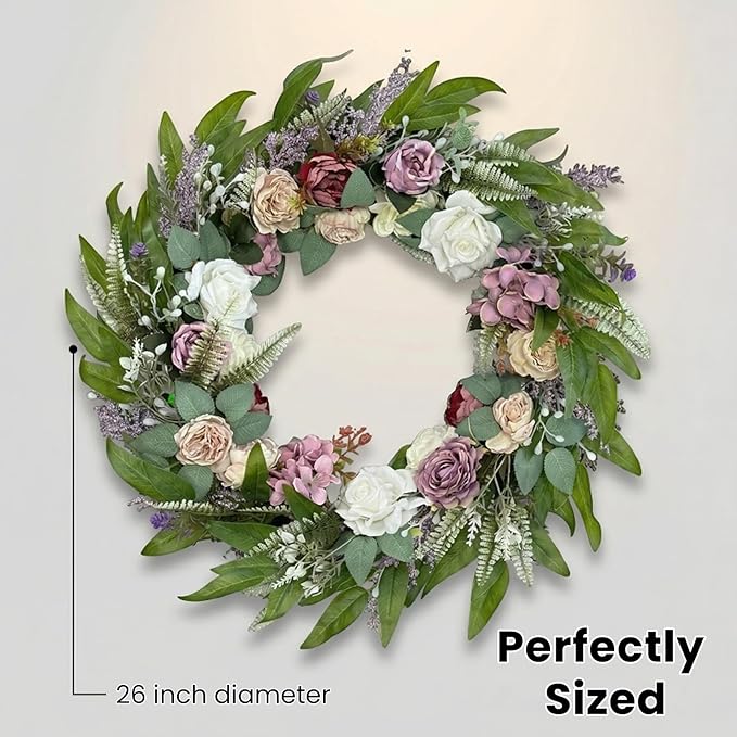 26 Inch Eucalyptus Wreaths with Roses, Hydrangeas, Lavender, Berries, Salal Leaves, Ferns, Dusty Miller, Green Summer Spring Wreaths for Front Door, Large Wreath for Porch Decor