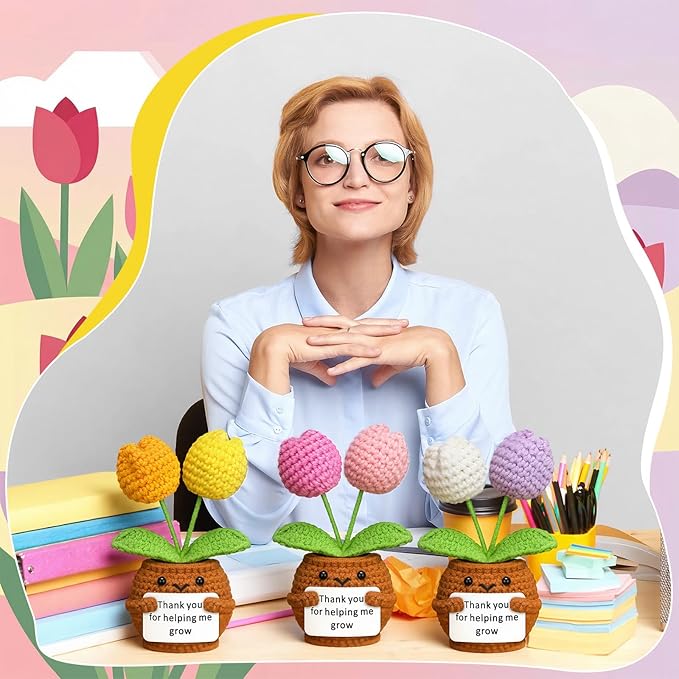 Wavwavw 3 Pack Teacher Appreciation Gift Positive Flower Handmade Crochet Doll Thank You for Helping Me Grow Gifts Back to School Gifts for Women Teacher(Tulip)
