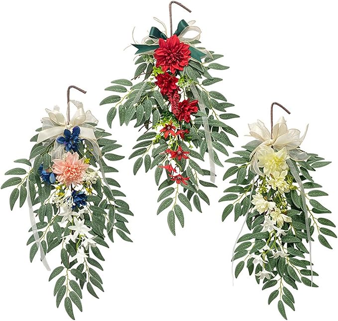 Artificial Hydrangea Teardrop Swag Hanging Floral Spring Swag Wreath with Willow Leaves Fake Plant Ivy Branch for Front Door Wedding Arch Window Wall Decor(Pink)