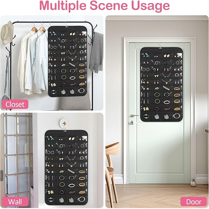 3 Pack Hanging Jewelry Organizer, 80 Clear Pockets earring organizer and storage, Accessories holder organizer for Closet, Jewelries, Necklace, Travel