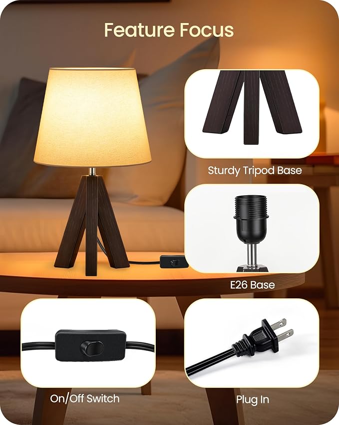Tripod Table Lamp, 14.6" Small Bedside Table Lamp, Modern Nightstand Lamp with White Linen Shade & Dark Walnut Base, Boho Desk Lamp for Bedroom, Kids Room, Living Room, Study, VW51TL05