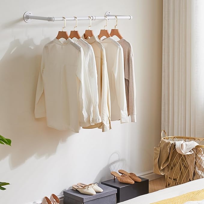 IBUYKE Industrial Pipe Clothes Rack Set of 2, 37 Inch Wall Mounted Clothing Rack, Space-Saving Hanging Closet Rod, Heavy Duty Multi-Purpose Garment Rack for Closet and Laundry Room, White TYJ001W-2