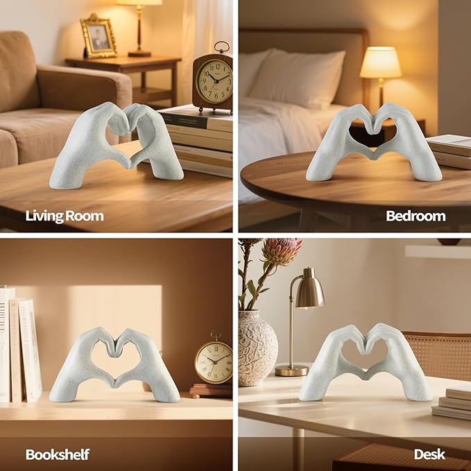 White Heart Hands Sculpture - 9.4" W Modern Home Decor Sculpture for Shelves, Desk & Living Room, Minimalist Shelf Decorations, Heart Hands Decor
