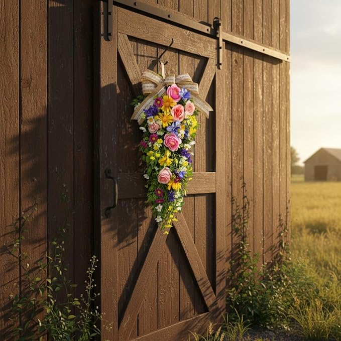 24 Inch Pre-lit Spring Summer Teardrop Swag for Front Door Battery Operated with Timer Rustic Country Decor with Roses Daisies Wildflower Burlap & Lace Bow for Farmhouse Home Decor