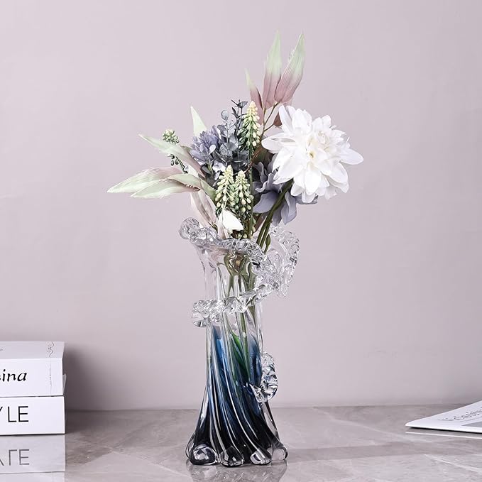 Blue White Clear Wave Vases Gradient, Murano Hand Blown Glass Vase Unique Art Decorative, for Ocean Themed Coastal Home Centerpiece Modern Office Entrance Table Creativity
