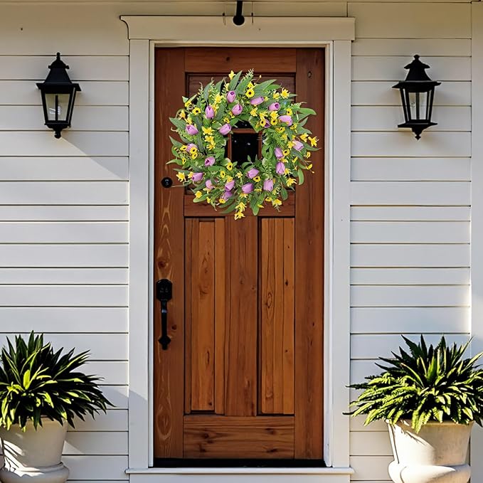Spring Summer Wreaths for Front Door,22 Inch Artificial Purple Tulip Wreath with Wildflowers,Eucalyptus Leaves for Indoor Outdoor Wall Porch Festival Farmhouse Home Holiday Decor.