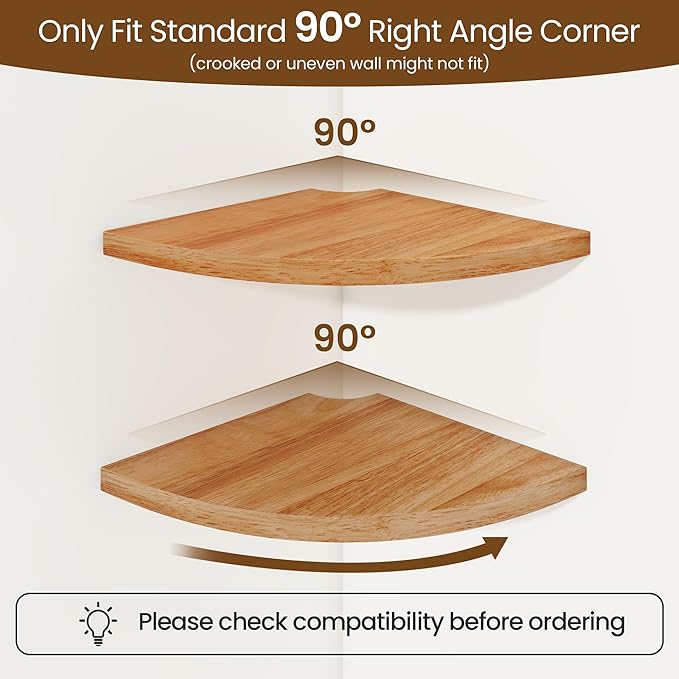 Fun Memories Corner Shelf Wall Mount Set of 2 - Solid Oak Wood Floating Corner Shelf with Cable Hole, 8.5in Rustic Design for Bedroom, Living Room, Kitchen (Natural)