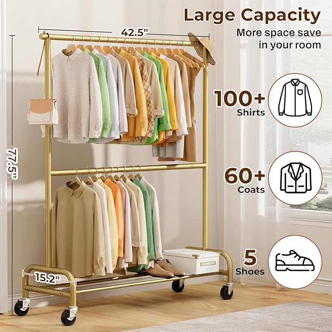 MISSLO Heavy Duty Clothes Rack for Hanging Clothes Rolling Clothing Rack Heavy Duty on Wheels for Coat, Garment, Gold(Double Rod)