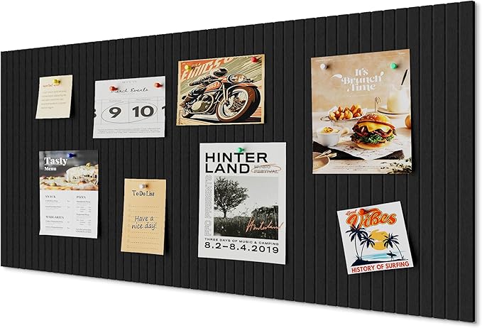 48 * 32 inches Large Bulletin Board, Decorative Felt Pin Board, 0.35“ Thick Foldable Photo Display Board with Self-Adhesive Tape, Vision Board for School Home Kitchen Office Walls - Black