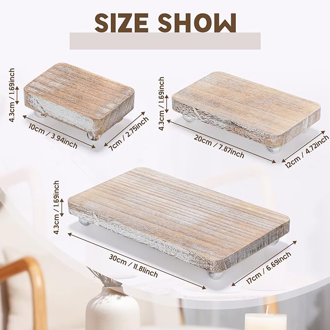 Maitys 3 Pcs Wooden Risers for Display Pedestal Stand Wooden for Decor Farmhouse Vintage Rustic Stackable Kitchen Stand Tray Riser, 3 Sizes(12 x 6.7, 8 x 4.7, 4 x 2.8 in,White)