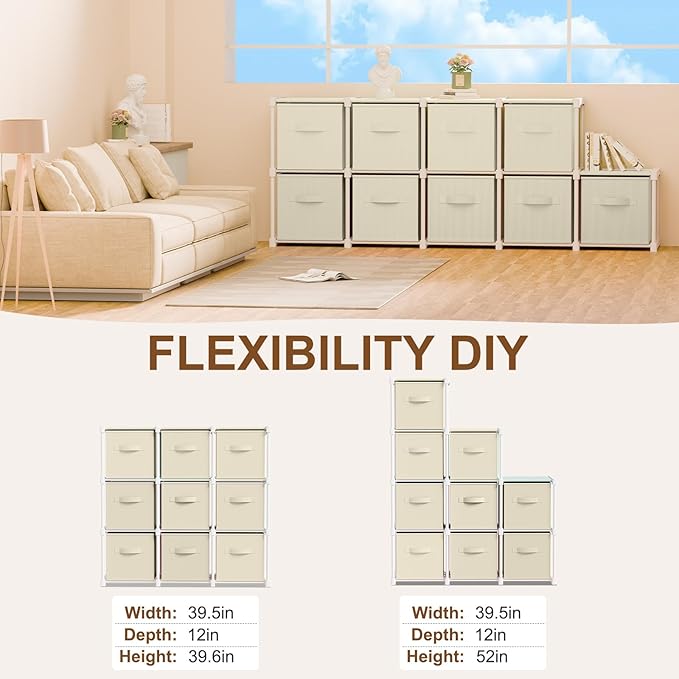9 Cube Storage Organizer with Shelf Back to School Boxes 11 Inch Toy Storage Bins Closet Organizers Drawers Fabric Dresser for Playroom Books Bedroom Dorm Kitchen (Creamy White)