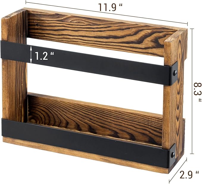 MyGift Set of 2 Rustic Burnt Wood and Matte Black Metal Wall-Mount Magazine Racks – Industrial Style Display Holders for Mail, Books, and Documents
