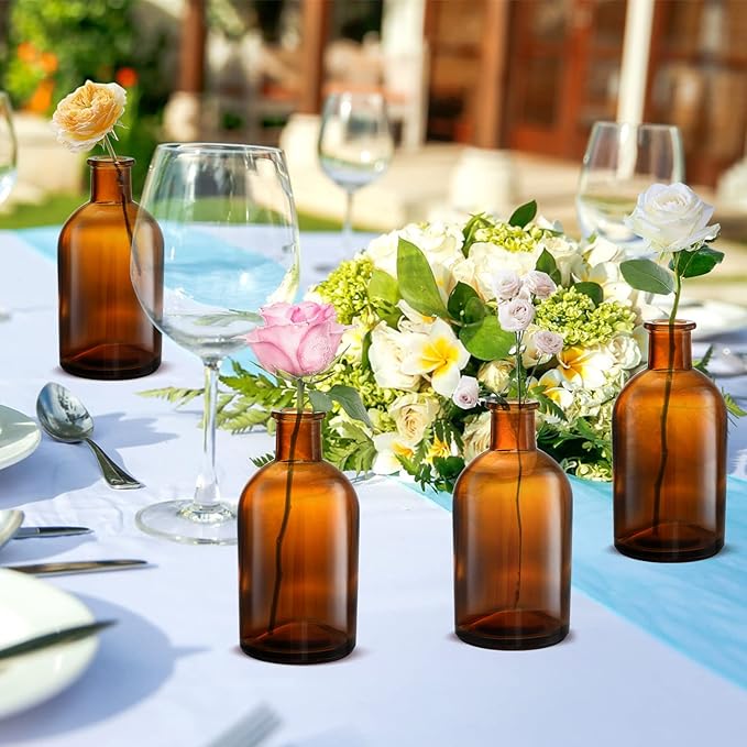 YOUEON 16 Pack Amber Glass Bud Vases, Small Bud Vases in Bulk, Glass Flower Vases for Centerpieces, Vintage Decorative Bottle Vases for Flowers, Home Decor, Wedding Reception, Office
