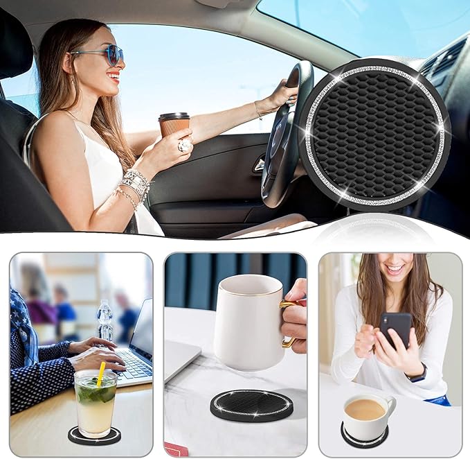 Car Coasters, 4 Pack Universal Vehicle Bling Car Coaster, COCASES Crystal Rhinestone Coaster for Cup Holders, Car Interior Accessories 2.75'' Silicone Anti Slip Car Coasters for Women (Black)