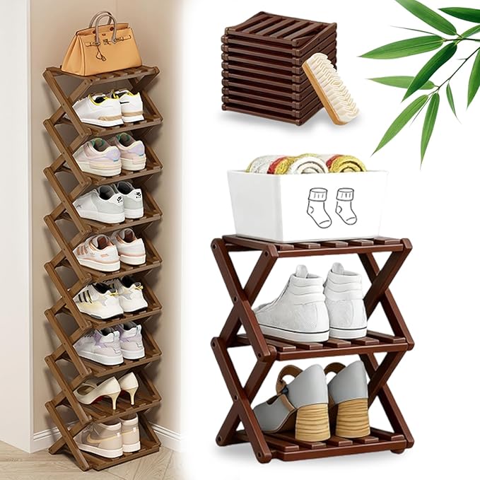DDRIC The 9-Tier No-Assembly Bamboo Rack, Foldable 9 Tier Bamboo Shoe Rack with Collapsible Vertical Design, Space-Saving Shoe Storage Shelf for Entryway Closet Dorm, No-Tool Assembly (Brown,3)