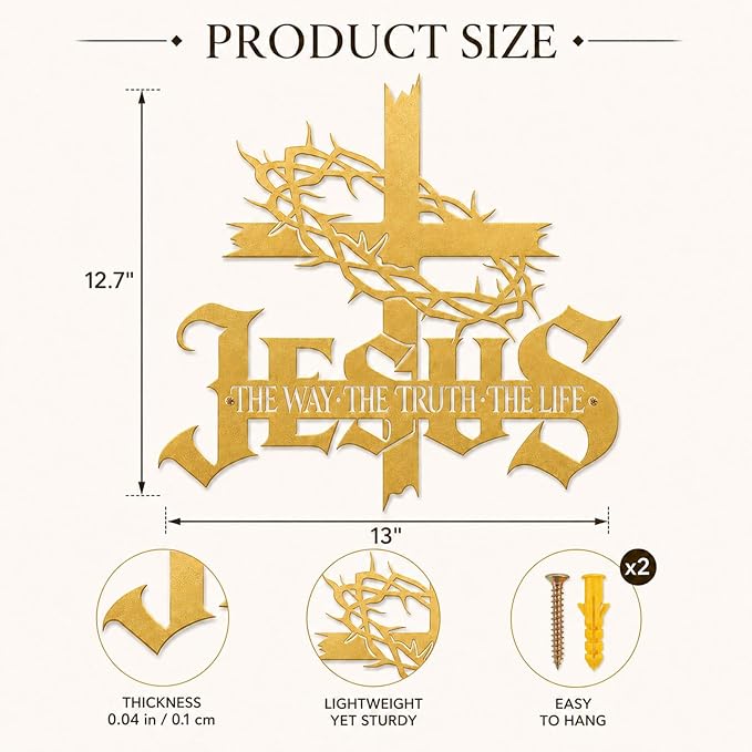 Jesus Wall Art Cross Wall Decor with Crown of Thorns - Metal Christian Wall Art "The Way The Truth The Life" Sign, Gold Iron Religious Wall Art & Christian Wall Decor for Home Living Room Church-Gold