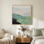 Framed Modern Neutral Green Landscape Abstract Wall Art, Square Minimalist Canvas Prints Paintings for Walls, Sage Green Nature Mountain Scene Pictures for Dining Bedroom Hallway Wall Decor 24x24 In