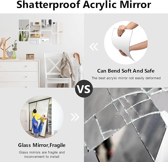 Shiftshade Wall Stickers - Unbreakable Self-Adhesive Mirror Tiles for Bedroom, Home, Gym, Door - Acrylic Shatterproof Sheets, Panels (8x8 Inch, 4 Pcs)