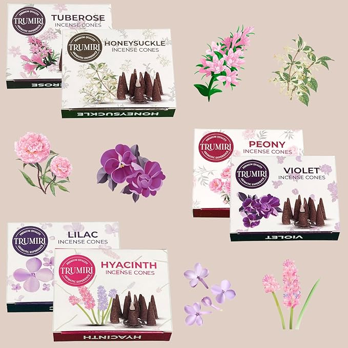 TRUMIRI Blossom Incense Cones - Variety Pack - Total 60 Cone Incense (6 Scents x 10 Conos) - Peony, Lilac, Violet, Honeysuckle, Hyacinth, Tuberose - Cone Incense Scents - Insense Cones - Incent Cone