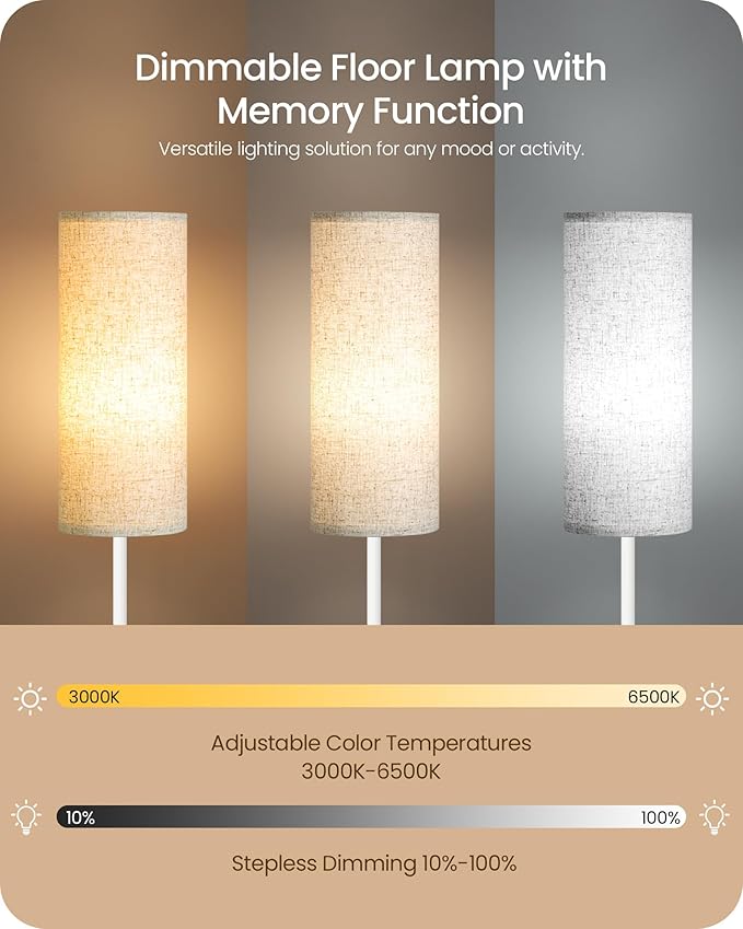 Dimmable Floor Lamps for Living Room with Remote and Foot Switch, 64.4” Modern Standing Tall Lamp, Corner Lamp for Bedroom, Office, Bulb Included, 3000K-6500K, Beige and White, FCC Listed WE06LD05W1
