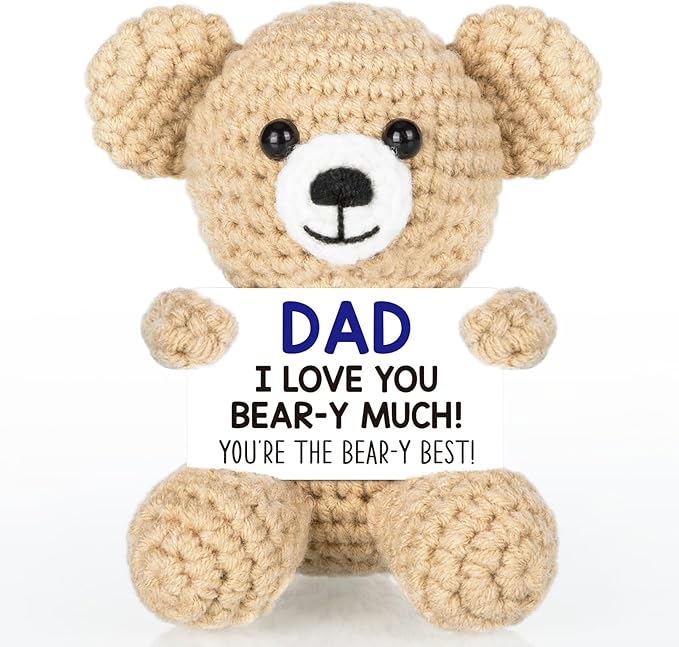WELLBANEE Mini Bear Gifts for Dad Father from Daughter Son, Birthday Gifts for New Step Bonus Dad, I Love You Handmade Emotional Crochet Bear