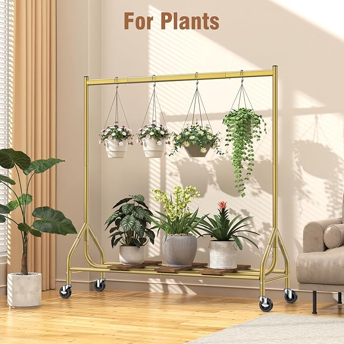 EAGMAK Heavy Duty Clothes Rack Load 420 LBS, Rolling Garment Rack with Lockable Wheels, Standing Metal Clothing Rack, Portable Wardrobe Sturdy Coat Rack for Hanging Clothes (Gold, 59″×18.9″×63″)