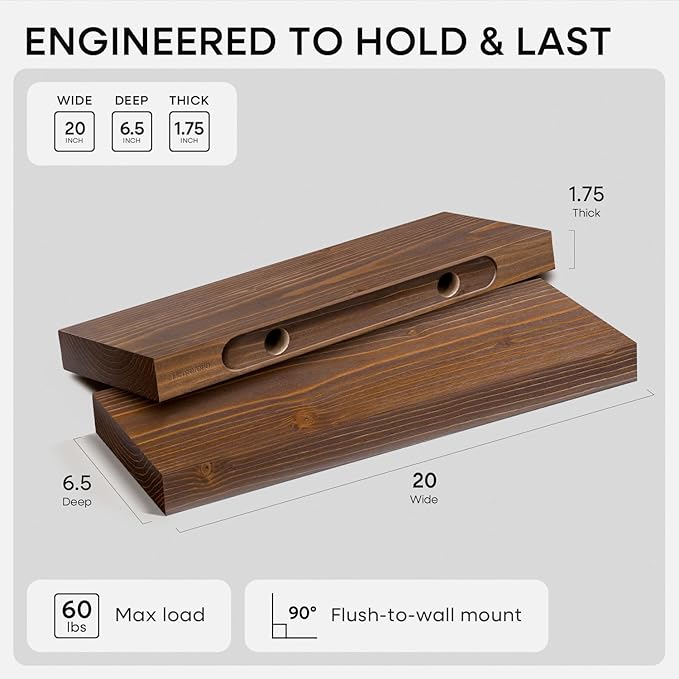 Homeforia Classic Walnut 20 inch Floating Shelf, High End Solid Real Wood Small 20inch Floating Shelves for Wall Mounted, 20in Floating Shelves, Heavy Duty Bracket, 20 X 6.5 X 1.75 inches, Set of 4