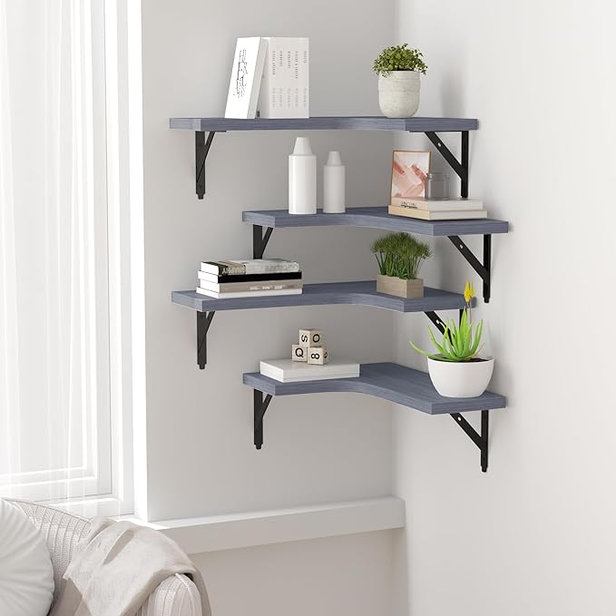 ROMGUAR CRAFT Corner Floating Shelves Wall Mounted Set of 4, Rustic Wood Storage Display Shelves for Home Decor, Bathroom, Kitchen, Bedroom, Living Room, Office (Grey)