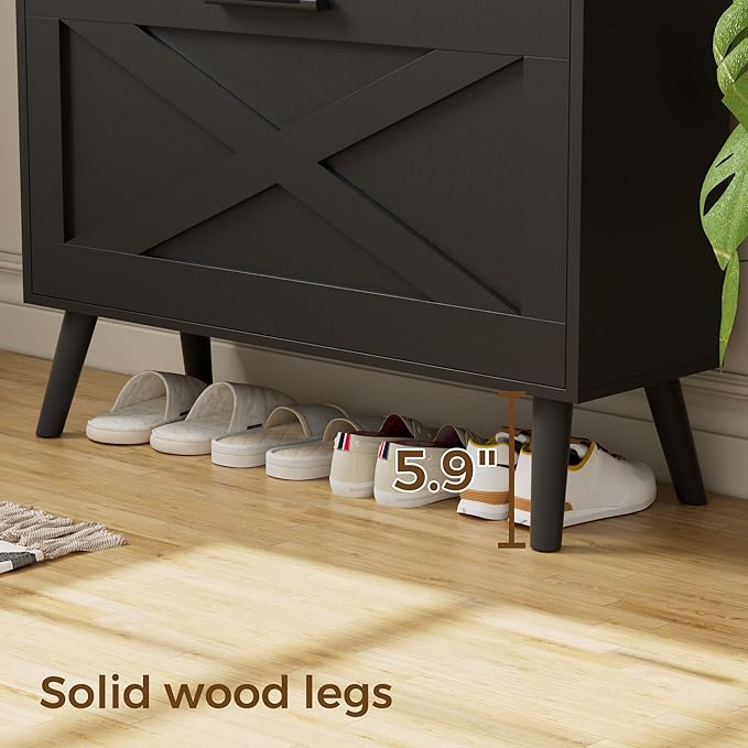 32" W Farmhouse Shoe Storage Cabinet with 2 Flip Drawers and Barn Door Design, Adjustable Shelves, Modern Hidden Slim Narrow Shoe Rack Cabinet for Entryway, Foyer, Hallway, Living Room, Black