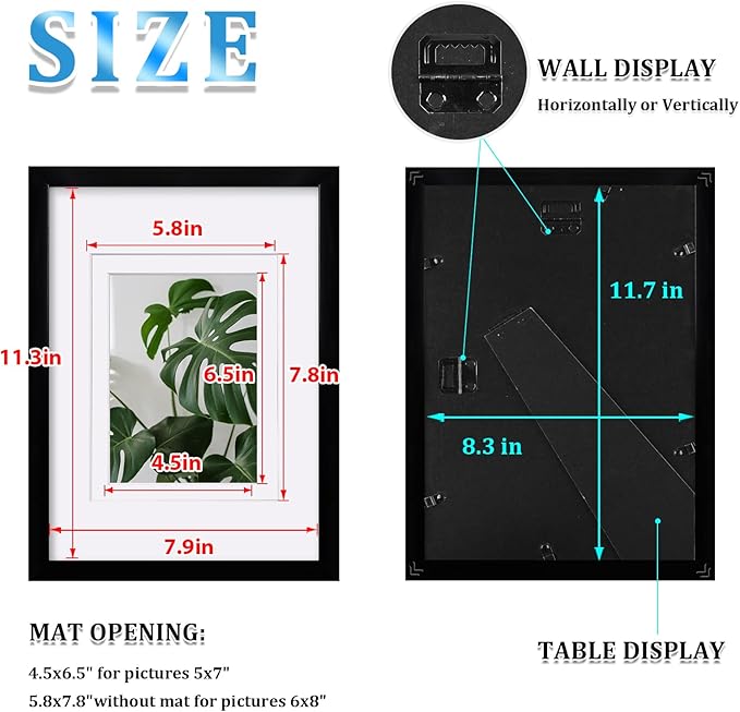 Egofine A4 Picture Frames Set of 4, Made of Solid Wood Covered by Plexiglass 5x7 and 6x8 with Mat or A4 whitout Mat, for Table Top Display and Wall Mounting Photo Frame Black