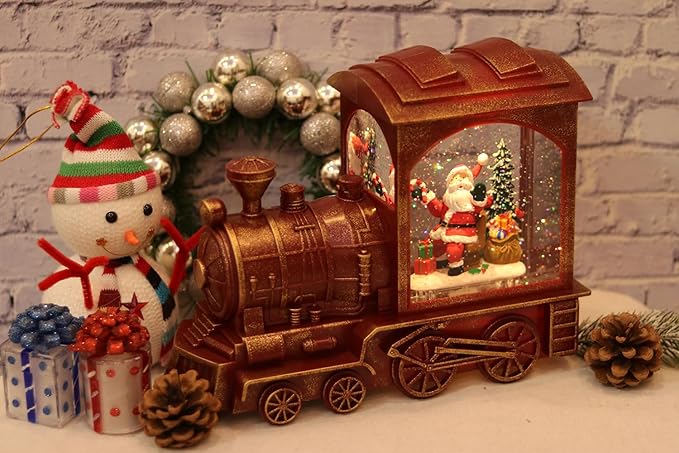 Wondise Lighted Christmas Snow Globes Musical Lantern with Timer, Battery Operated Spinning Water and Swirling Glitter Globes, Train Shape Holiday Christmas Thanksgiving Decoration