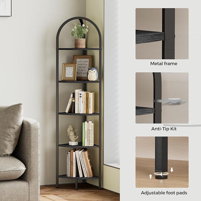 Homhedy 5-Tier Arched Corner Shelf Stand, Wall Corner Bookshelf with Metal Frame, Plant Stand, Industrial Storage Rack Shelf for Living Room, Bedroom, Office, Bathroom, Black