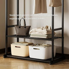 Sturdy metal clothes rack,Black freestanding clothing rack with bottom shelves and 6 side hooks,garment rack for hanging clothes,Modern wardrobe rack for Bedroom or cloakrooms