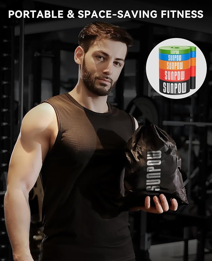 SUNPOW Pull Up Assistance Bands - Set of 5 Resistance Heavy Duty Workout Exercise Stretch Fitness Bands Assist Set for Body, Instruction Guide and Carry Bag Included
