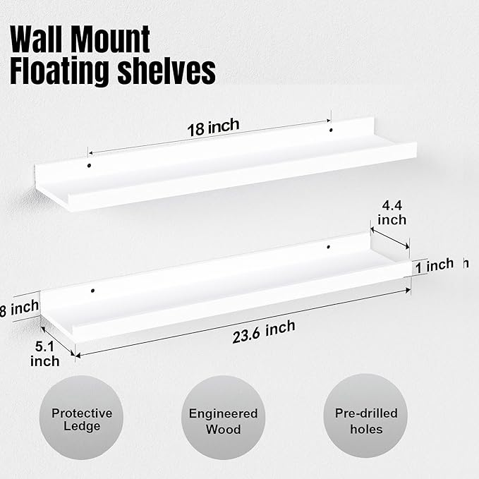 Boswillon 23.6 Inches Long Floating Shelves, 2 Set Modern White Wall Shelf for Bedroom, Nursery Book Shelf with Lip, Picture Ledge Shelf for Living Room, Bathroom, Kitchen