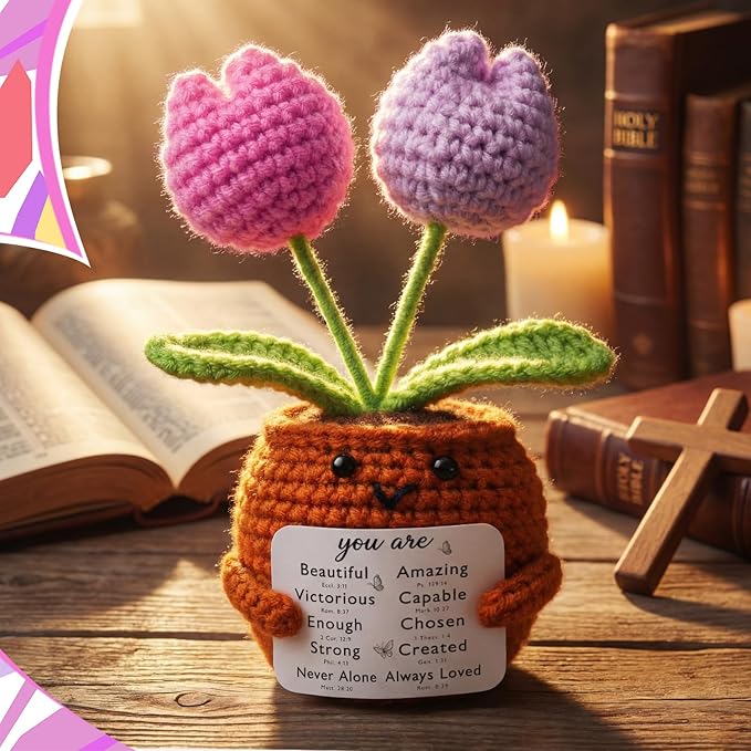 Wavwavw Christian Gift for Women Positive Handmade Crochet Tulips Doll with Bible Verse Prayer Card Inspirational Scripture Religious Crochet for Christmas Sunday Group Church