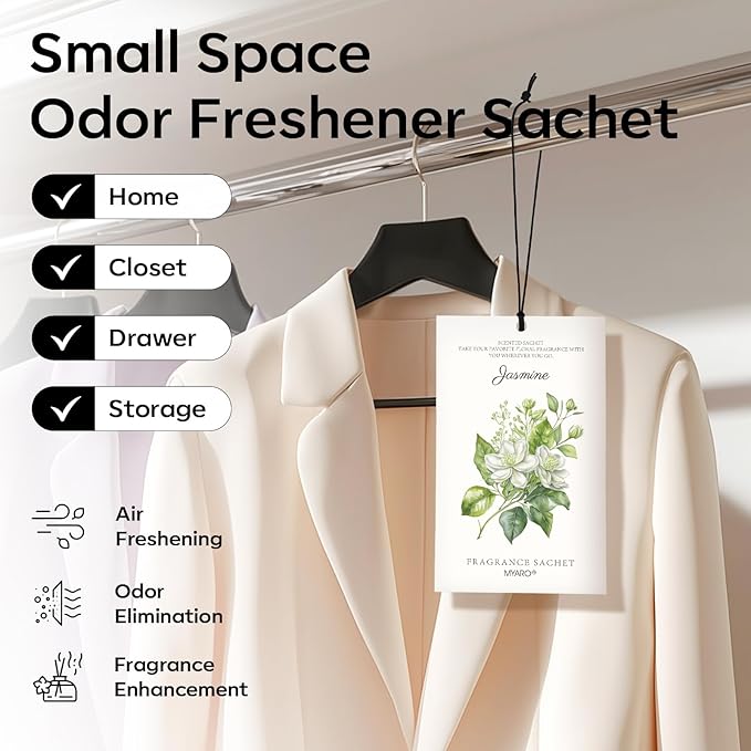 MYARO 12 Pack Jasmine Scented Sachets for Drawer, Closet & Small Spaces Air Freshener Bags, Odor Eliminator for Car, Shoes, Bathroom Home Fragrance Gift Set