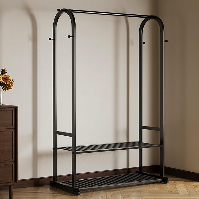 Sturdy metal clothes rack,Black freestanding clothing rack with bottom shelves and 6 side hooks,garment rack for hanging clothes,Modern wardrobe rack for Bedroom or cloakrooms