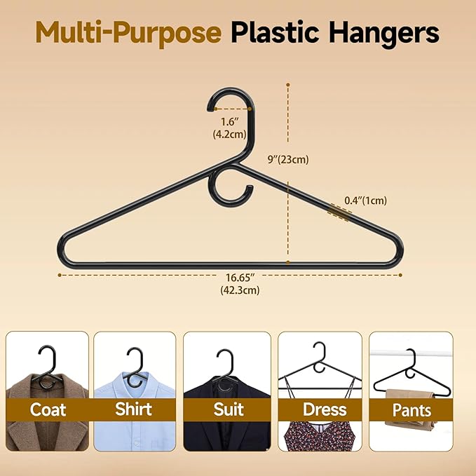 Black Plastic Hangers 18 Pack, Heavy Duty Clothes Hangers for Standard Size Hangers with Center Hook & Non-Slip Pants Bar for Shirts, Pants, Coat, Dresses, Jackets, Scarves and Belts