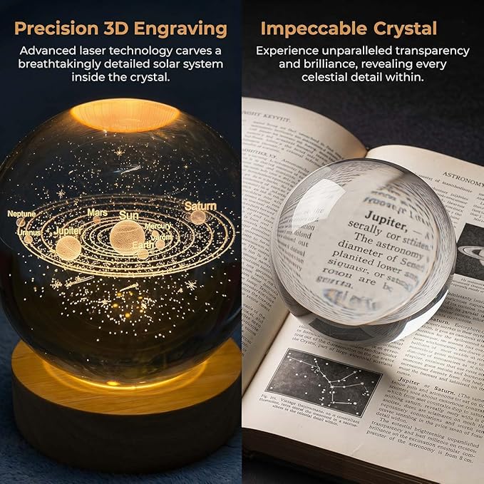 3.15" (80mm) Solar System Crystal Ball 3D Sun System Planets Model Globe with Wooden Base Home Decorative Ornament Astronomy Gifts for Lover Girlfriend