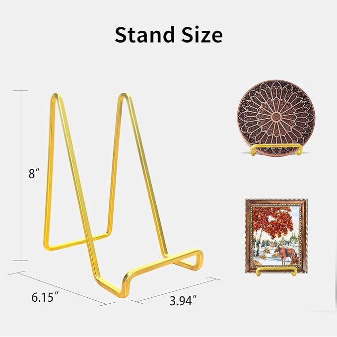 3 Pack 8 inch Metal Plate Stands for Display, Plate Holder Pictures Frame Easel Display Stand, Tabletop Picture Stand, Iron Easels for Display Photo Frames, Plates, Vinyl Record，Book, Sign（Gold）