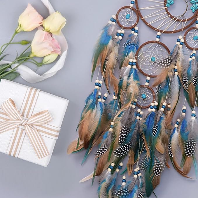 Dream Catcher Turquoise for Bedroom, Handmade Turquoise Hanging Ornament Wall Decor Dreamcatcher with Car Charm Gift