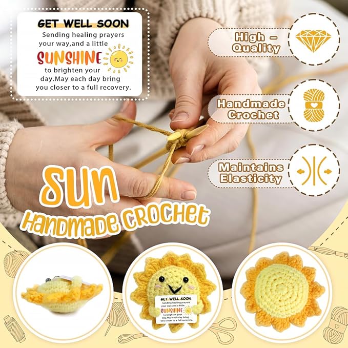Get Well Soon Gifts - Handmade Positive Crochet Sunshine Dolls with Cheer Up Messages, Crochet Emotional Support Buddies for Surgery Recovery & Healing | Get Well Soon Gifts for Kids, Women, Men
