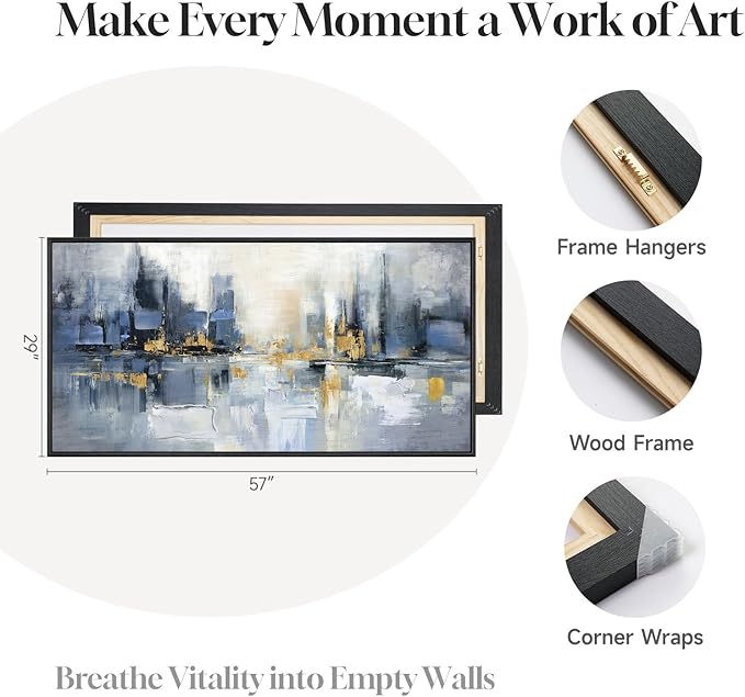 Framed Blue Abstract Wall Art for Living Room, Extra Large Modern Cityscape Canvas Artwork for Walls, Horizontal Contemporary Painting Print for Living Room Bedroom Office Wall Decor, 30x60 Inch