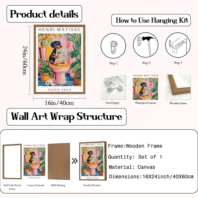 Funny Dachshund Bathroom Wall Art Henri Matisse Dog Bathroom Wall Decor Picture, Cute Puppy Animal Reading Newspaper in Toilet Poster Painting Canvas Print 16x24 inch Wood Framed